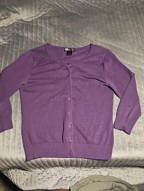 Purple Scoop-Neck Button Cardigan 3/4 Sleeves XL